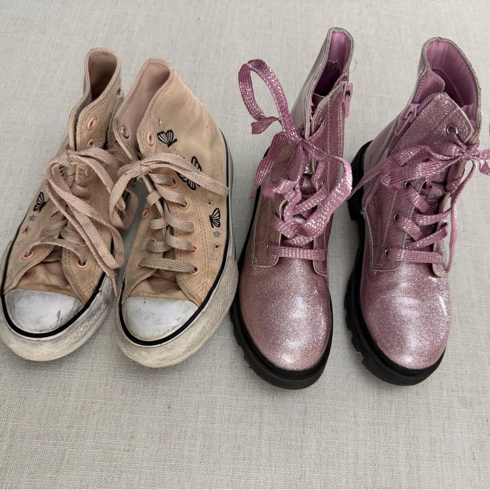 Girls' Pink Canvas High-Tops & Shimmery Pink Combat Boots and Converse
